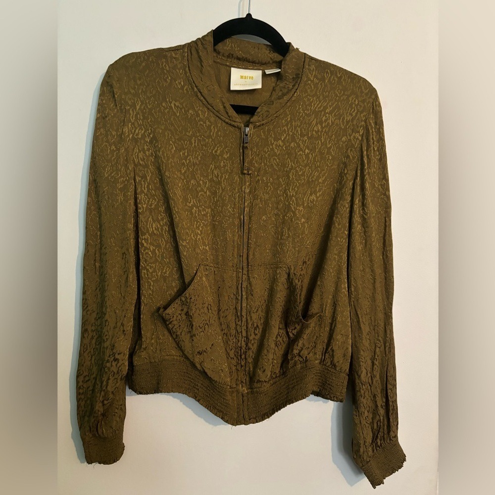 Maeve by Anthropologie Womens Medium Olive Lightweight Zip Bomber Jacket Printed